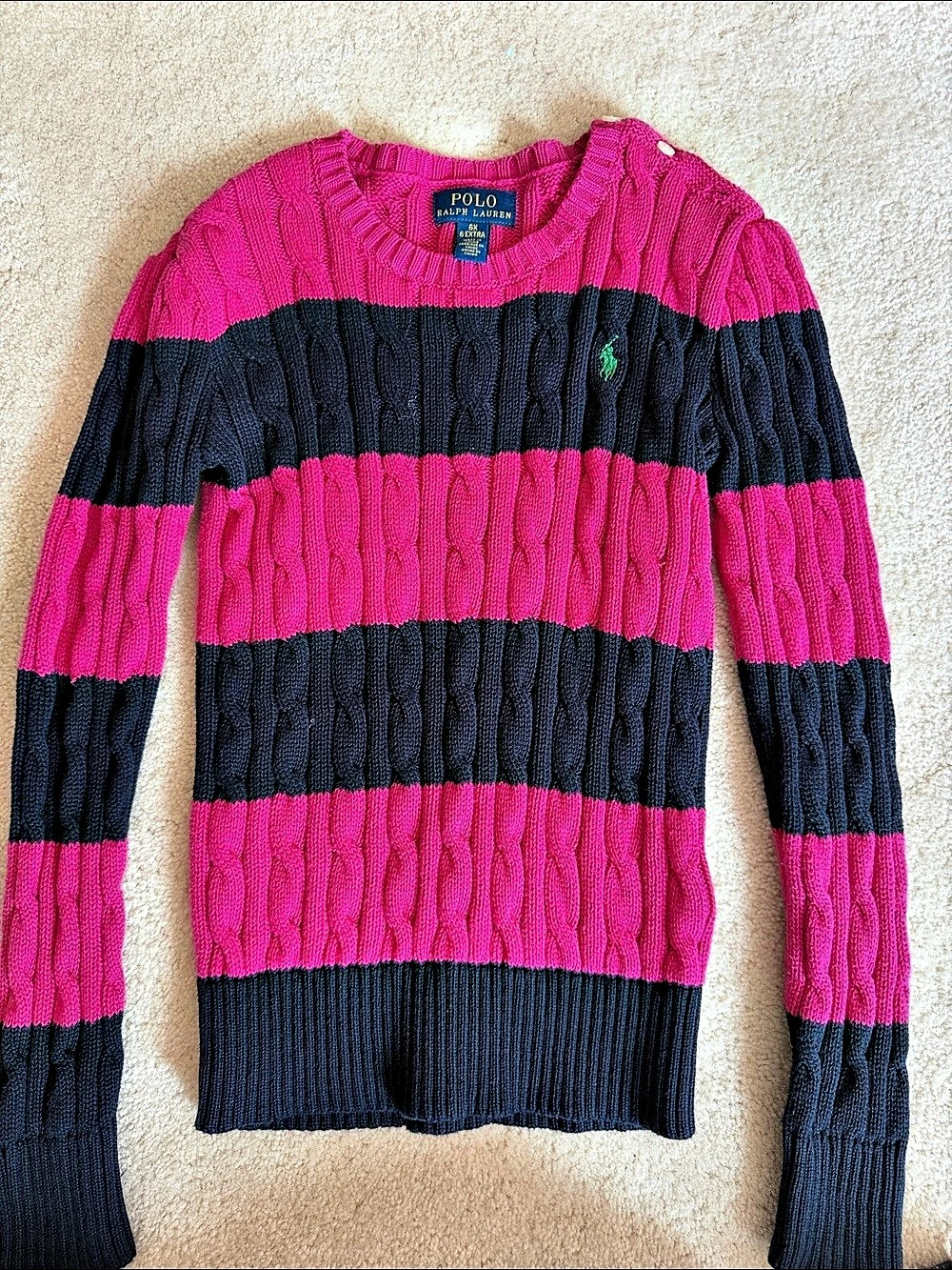 Polo Ralph Lauren Girls Striped Cable-Knit Cotton Sweater Pink & Blue Girls 6X